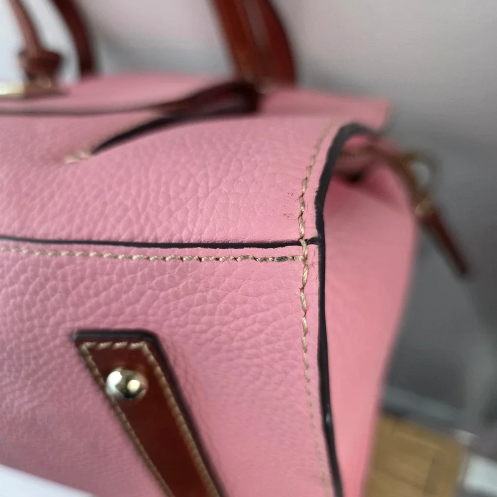 Dooney & Bourke Pink Pebbled Leather Shoulder Bag Brown Trim Tassel Logo Purse
